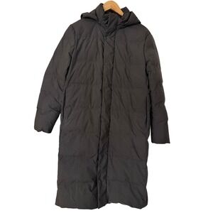 UNIQLO Mens Long Down Puffer Coat Hooded Dark Gray M Lightweight Parka Jacket